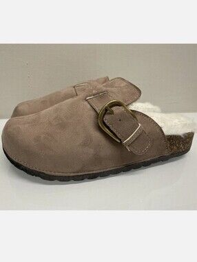 Streetwear Society Taupe Suede Shearling-Lined Mule Clogs with Brass Buckle